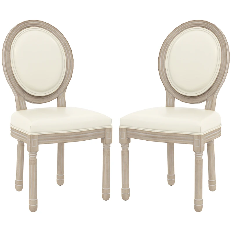 HOMCOM Set of 2 Louis XVI style solid rubber wood patinated dining chairs synthetic covering cream