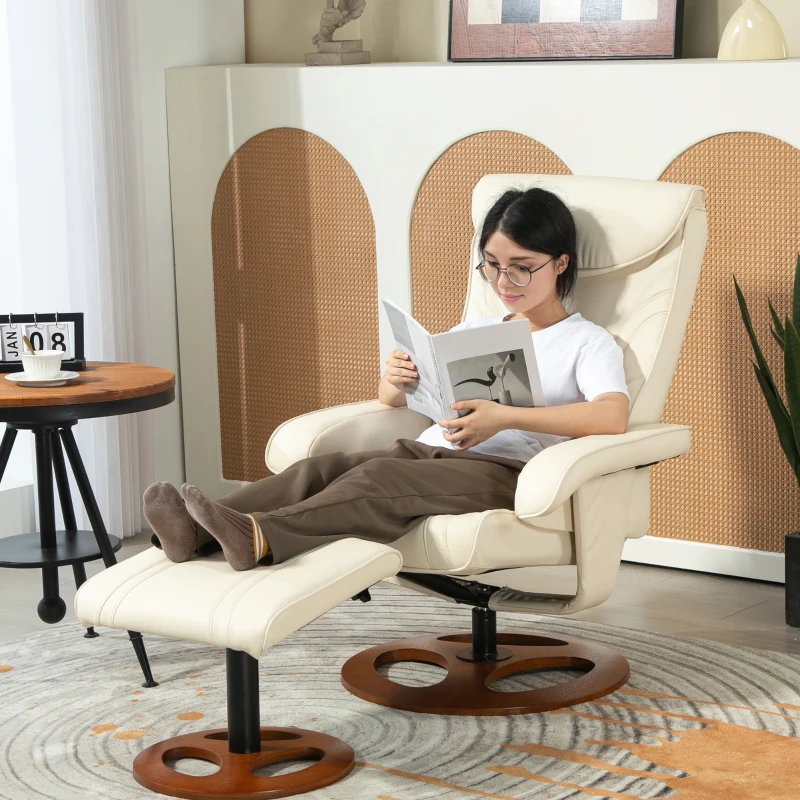 HOMCOM Reclining Armchair with Footrest, Backrest Reclining up to 135°, Synthetic Covering, Cream White