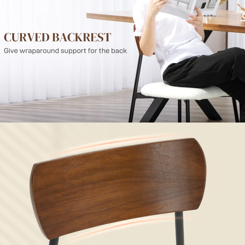 HOMCOM Set of 2 dining chairs with shaggy fabric seat, curved wood-effect backrest, interior, cream