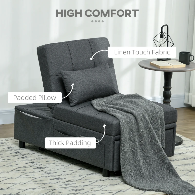 HOMCOM Reclining Chair Sleeper Chair 3-in-1 Chair, Linen Look, including Pillow, 65.5 cm x 104 cm x 81 cm, Dark Gray