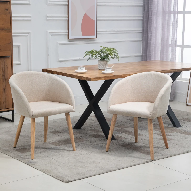 HOMCOM Set of 2 Scandinavian Design Dining Chairs Kitchen Chair - Tapered Slanted Rubber Wood Legs - Ergonomic Seat Backrest Armrests Linen-Look Beige