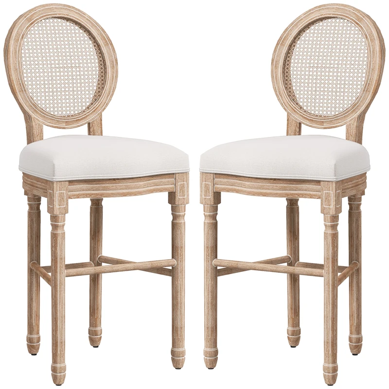 HOMCOM Set of 2 Louis XVI Style Medallion Bar Chairs, Solid Carved Patinated Rubberwood Linen Look 48 x 56 x 118 cm Cream