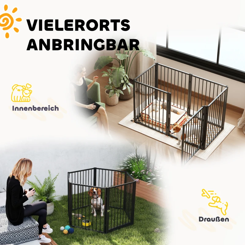 PawHut Puppyren, Hondenren, Puppy Omheining, 6 Panelen met Deur, Opvouwbaar en Draagbaar Hondenhek, Staal, Zwart