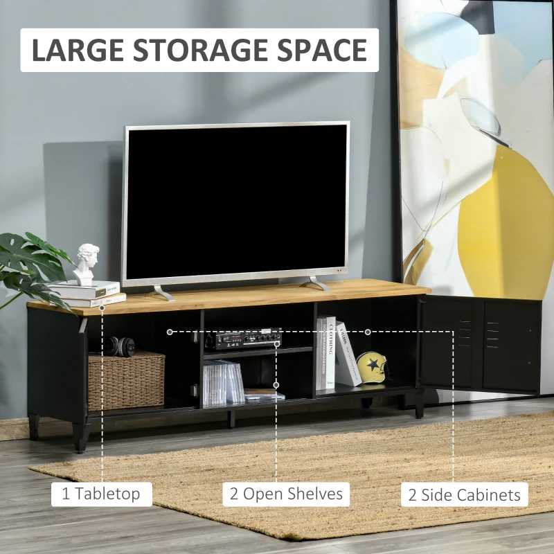 HOMCOM TV Stand TV Stand for 55'' TVs with 2 Cupboards Adjustable Feet Black Metal Frame Natural Wood Top 150 x 40 x 50 cm