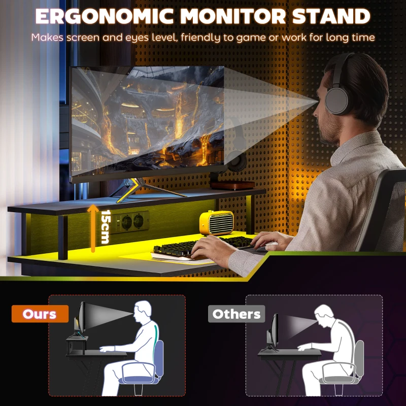 HOMCOM Birou de Gaming cu Lumini LED și Suport pentru Monitor, Masă Gaming cu Port USB și TYPE C, 100x60x88,5 cm, Negru