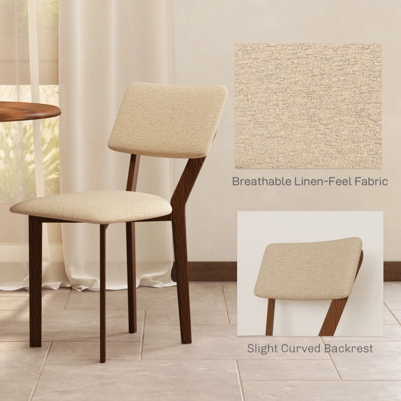 HOMCOM Set of 2 Dining Chairs Kitchen Chairs with High-Density Foam Cushion and Solid Rubberwood Legs Linen-Like Fabric 49 x 56 x 85 cm Beige