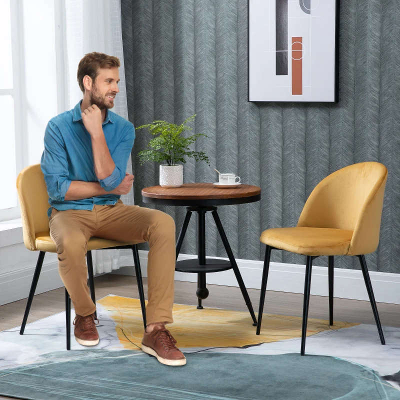 HOMCOM Velvet Contemporary Set Of 2 Kitchen Dining Chairs Mustard