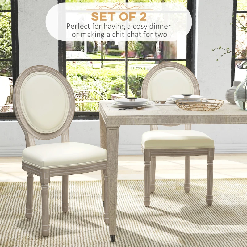 HOMCOM Set of 2 Louis XVI style solid rubber wood patinated dining chairs synthetic covering cream