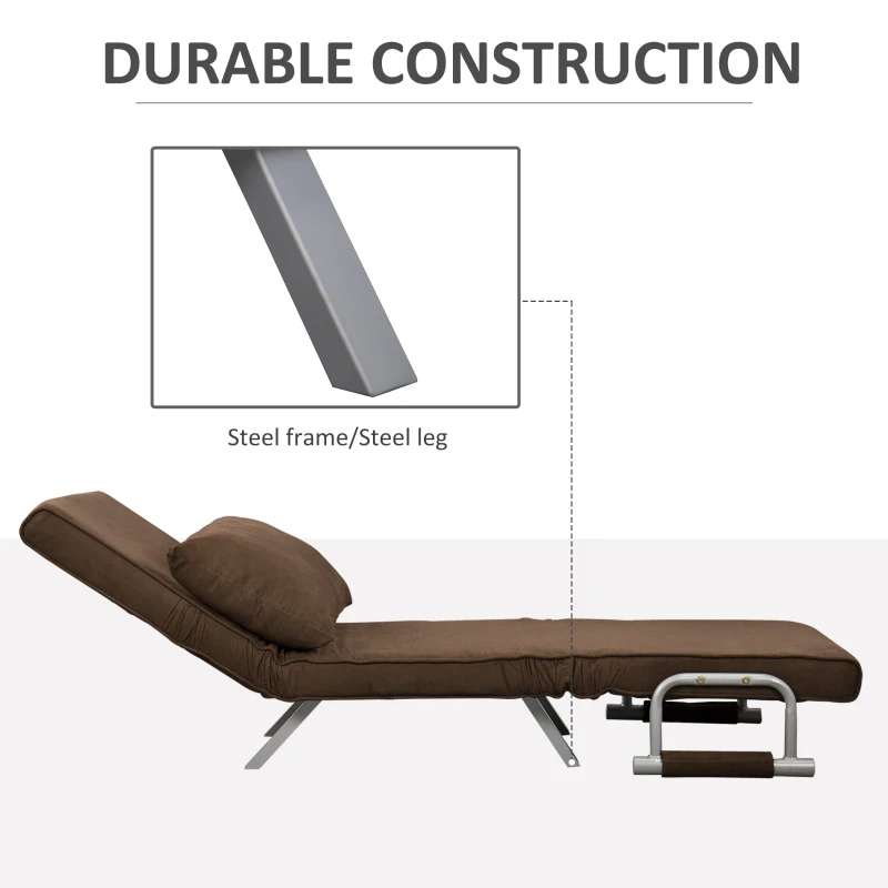 HOMCOM Convertible 1-Seater Armchair Sofa Bed with Removable Quilted Upholstery Grand Comfort Cushion Metal Armrests Suede Brown