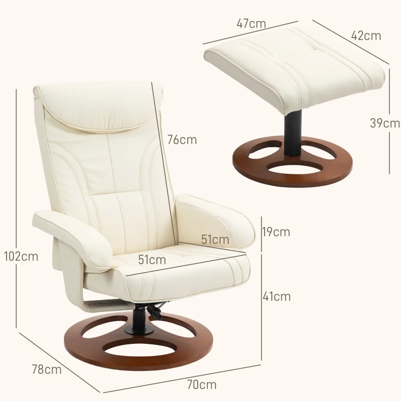 HOMCOM Reclining Armchair with Footrest, Backrest Reclining up to 135°, Synthetic Covering, Cream White
