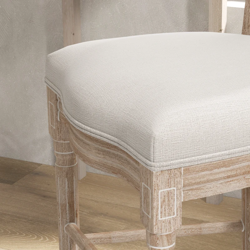 HOMCOM Set of 2 Louis XVI Style Medallion Bar Chairs, Solid Carved Patinated Rubberwood Linen Look 48 x 56 x 118 cm Cream