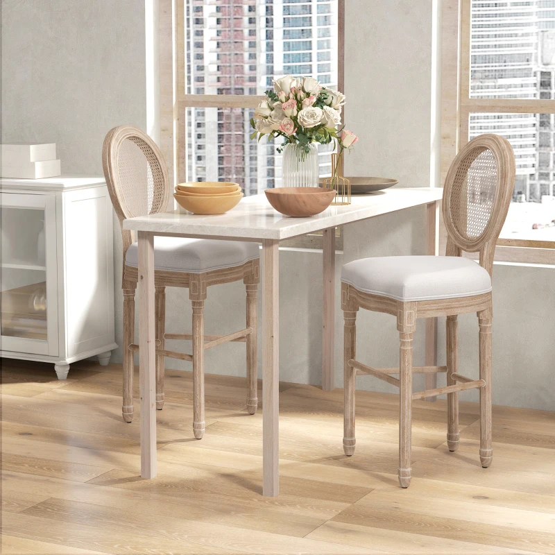 HOMCOM Set of 2 Louis XVI Style Medallion Bar Chairs, Solid Carved Patinated Rubberwood Linen Look 48 x 56 x 118 cm Cream