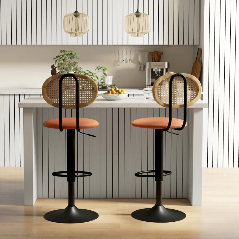 HOMCOM Set of 2 bar stools adjustable height bar chairs with rattan backrest and footrest, brown