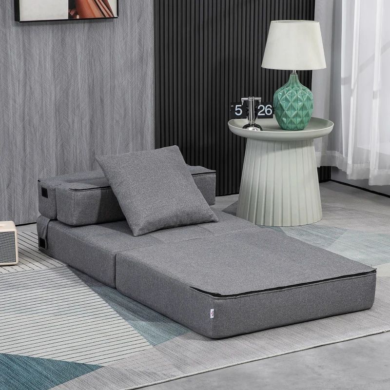 HOMCOM Convertible Chair Bed, Floor Sofa Bed Recliner, Fabric Upholstered Sleeper Lounge Futon with Pillow for Living Room, Dark Grey