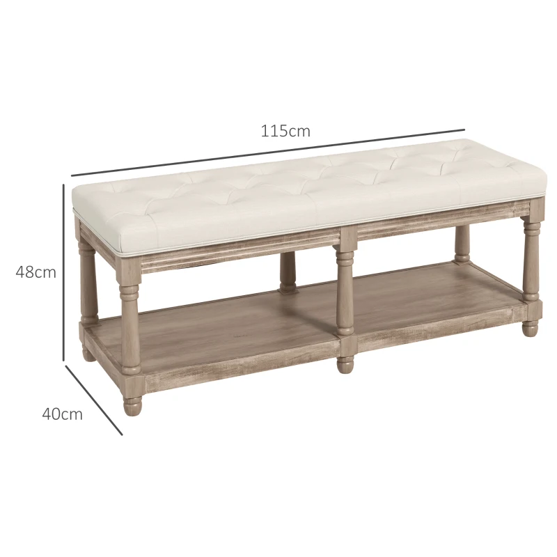 HOMCOM Tufted 2-Tier Shelf Shoe Bench 115 cm End of Bed Linen Upholstered Carved Wood Legs Linen Beige