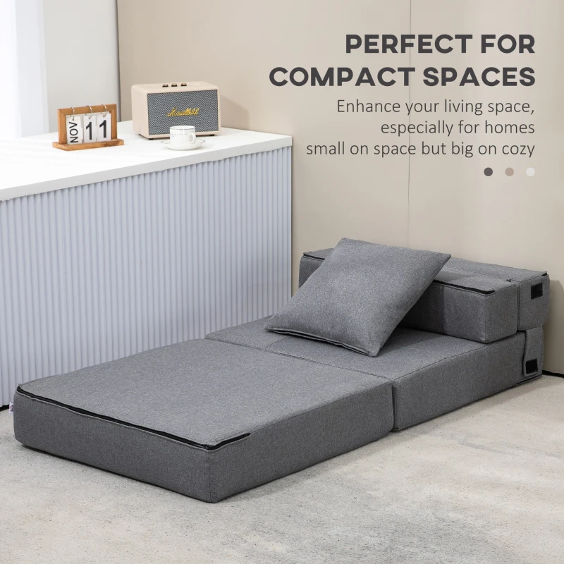 HOMCOM Convertible Chair Bed, Floor Sofa Bed Recliner, Fabric Upholstered Sleeper Lounge Futon with Pillow for Living Room, Dark Grey