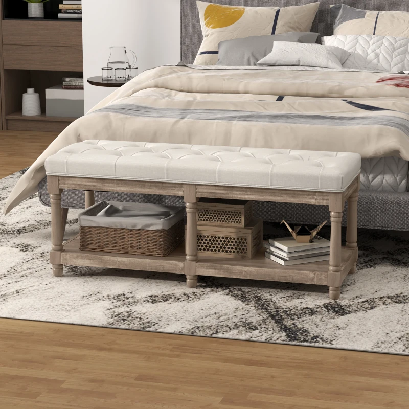 HOMCOM Tufted 2-Tier Shelf Shoe Bench 115 cm End of Bed Linen Upholstered Carved Wood Legs Linen Beige