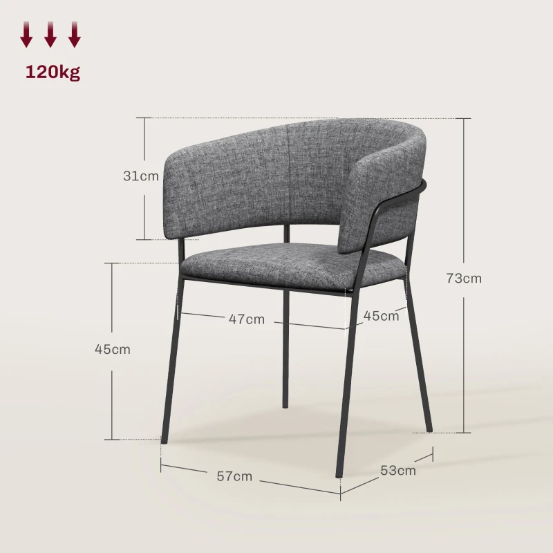 HOMCOM Set of 2 dining chairs with steel legs, upholstered linen-like fabric seat, grey