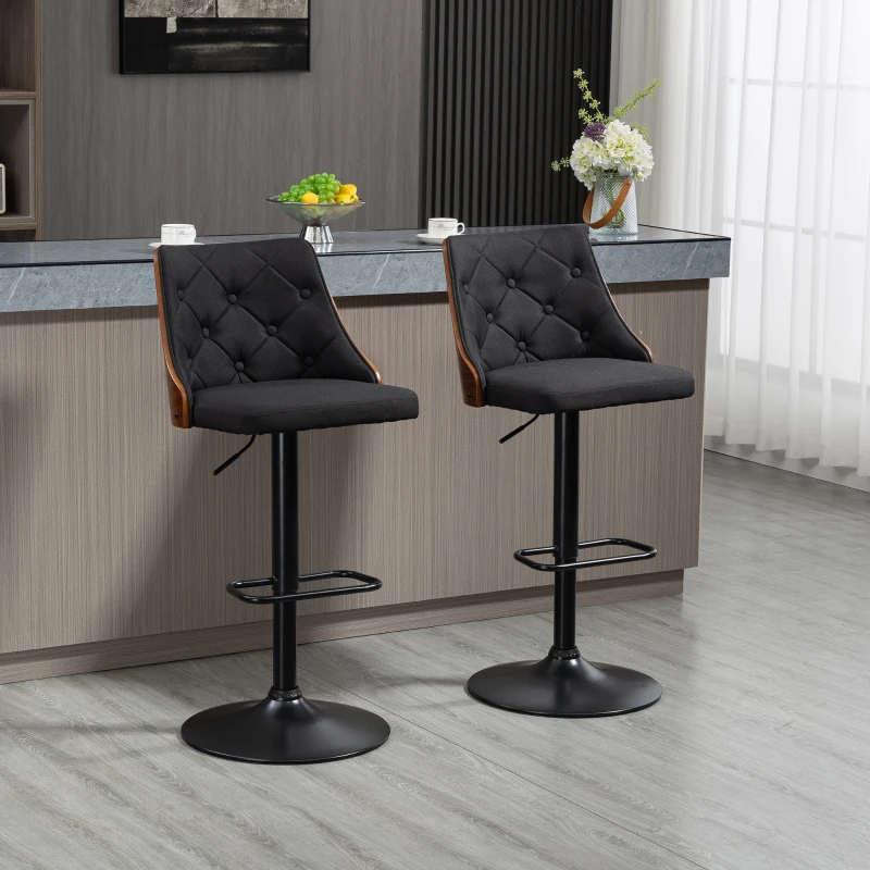 HOMCOM Set of 2 Adjustable Height Swivel Bar Stools with 360° Rotation and Footrest, Tufted Fabric
