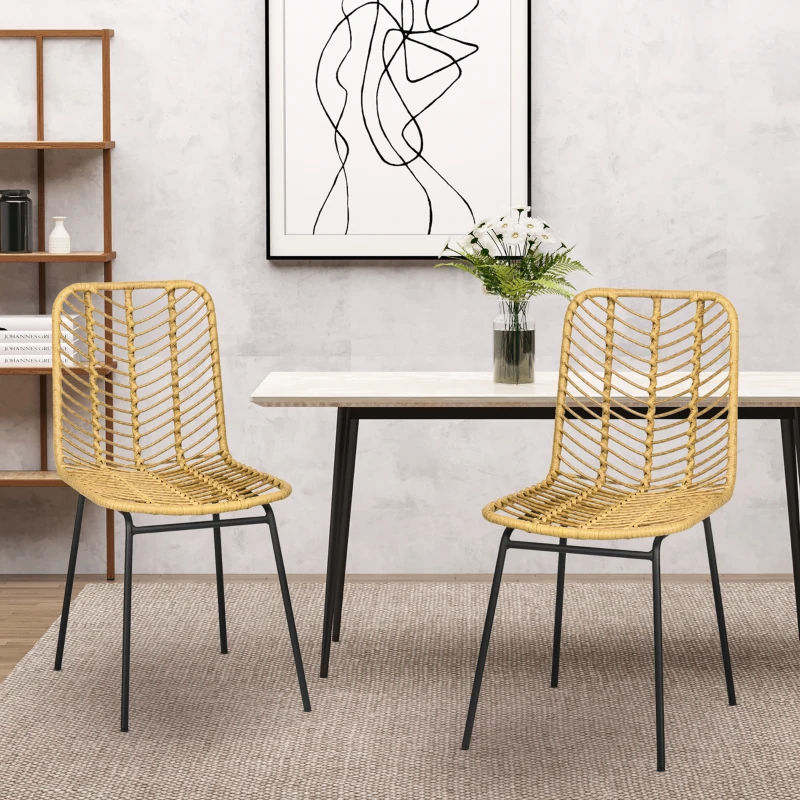 HOMCOM 2-Piece Dining Chairs in Boho Style, Accent Chair, PE Rattan, 44 cm x 58 cm x 85 cm, Natural + Black