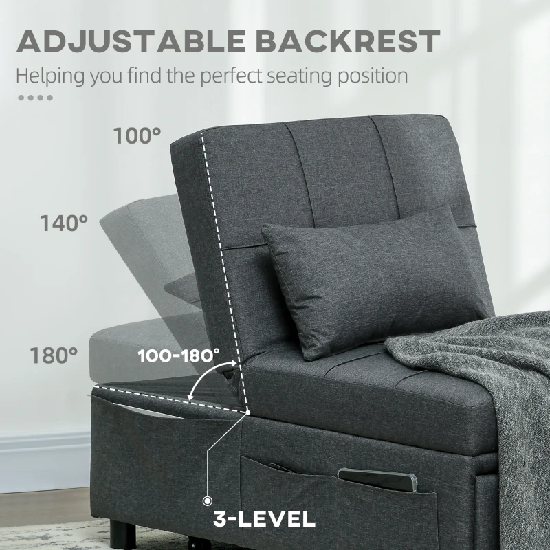 HOMCOM Reclining Chair Sleeper Chair 3-in-1 Chair, Linen Look, including Pillow, 65.5 cm x 104 cm x 81 cm, Dark Gray