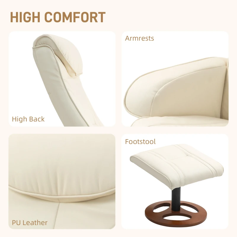 HOMCOM Reclining Armchair with Footrest, Backrest Reclining up to 135°, Synthetic Covering, Cream White