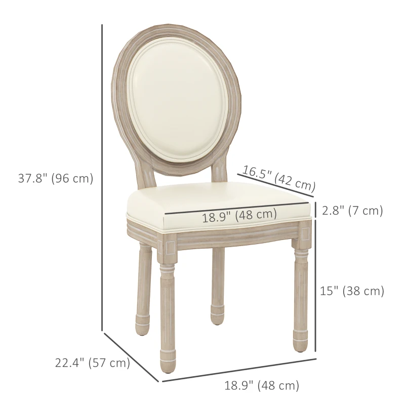 HOMCOM Set of 2 Louis XVI style solid rubber wood patinated dining chairs synthetic covering cream