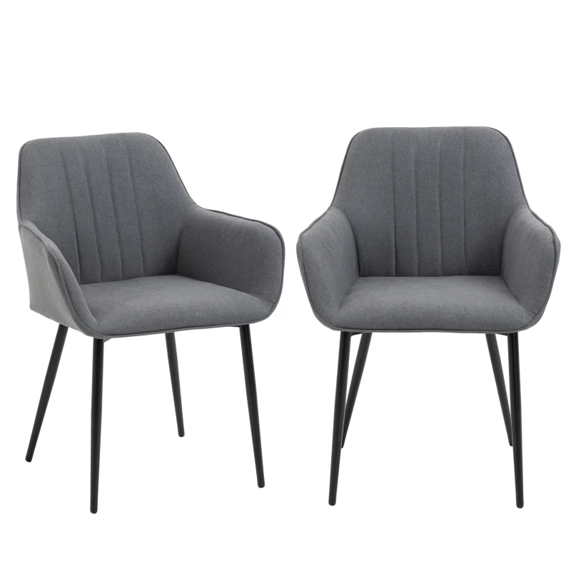 HOMCOM Mid-Century Dining Chairs Upholstered Linen Fabric Accent Chairs with Metal Legs, Set of 2, Dark Grey