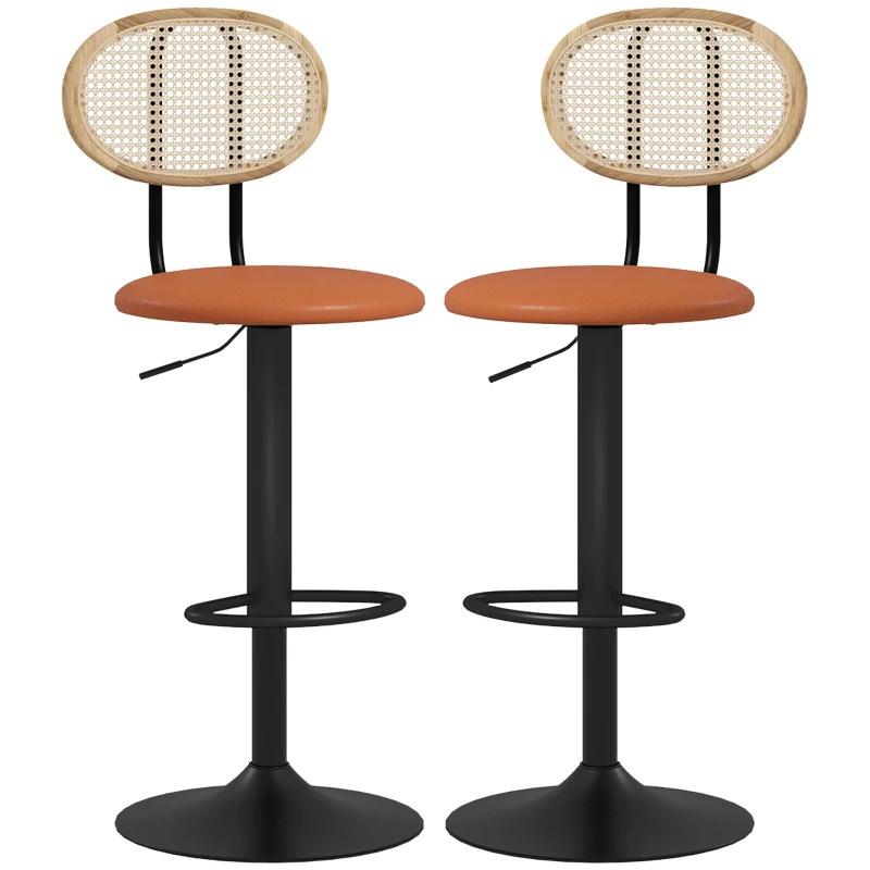 HOMCOM Set of 2 bar stools adjustable height bar chairs with rattan backrest and footrest, brown