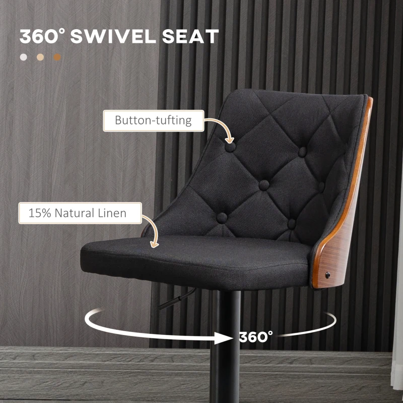 HOMCOM Set of 2 Adjustable Height Swivel Bar Stools with 360° Rotation and Footrest, Tufted Fabric