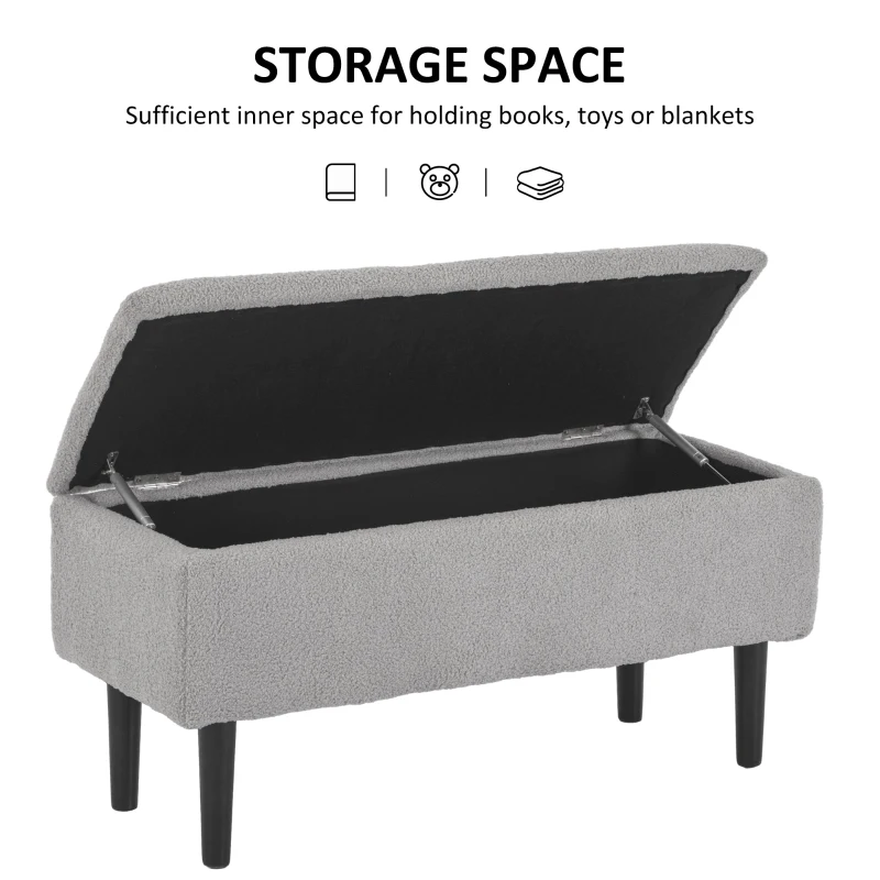 HOMCOM Storage Bench Storage Chest Cashmere Surface Rubberwood Legs 95 x 38 x 45 cm Gray