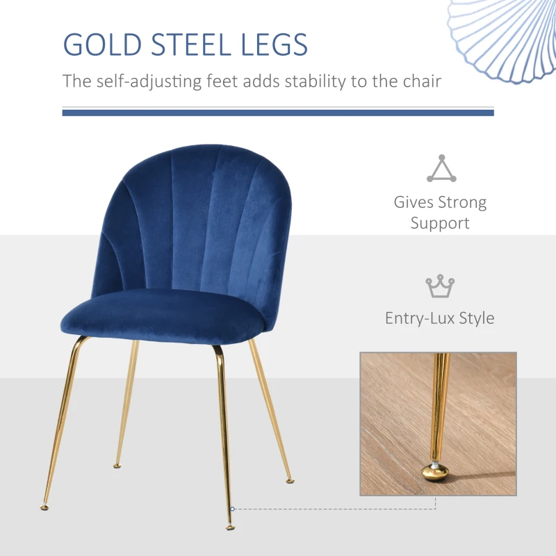 HOMCOM Set of 2 velvet seat dining chairs with golden metal legs - blue