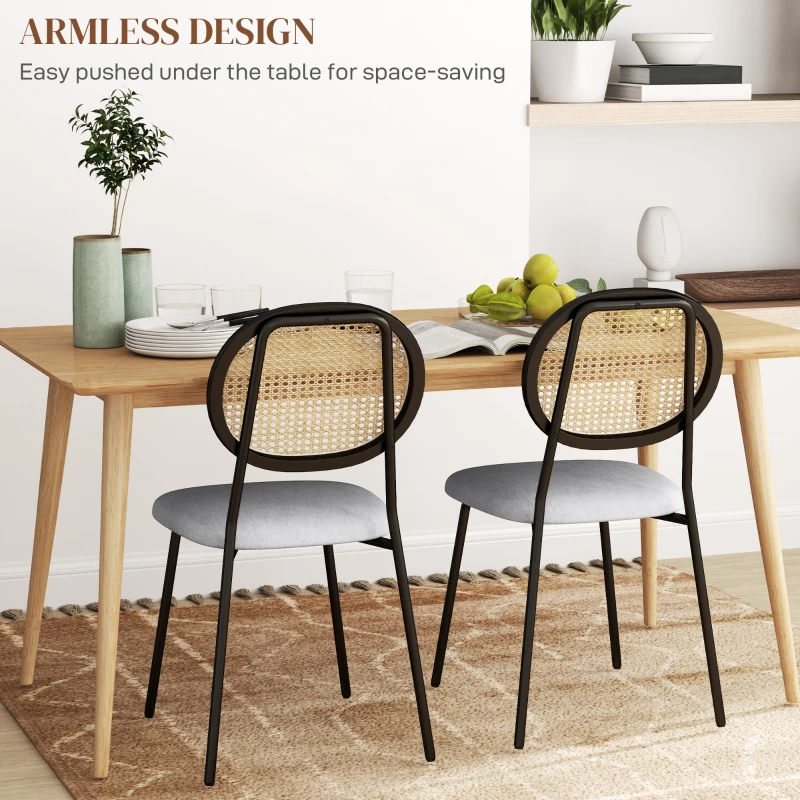 HOMCOM Set of 2 dining chairs kitchen chairs rattan back breathable fabric steel frame 44 x 54 x 87 cm gray