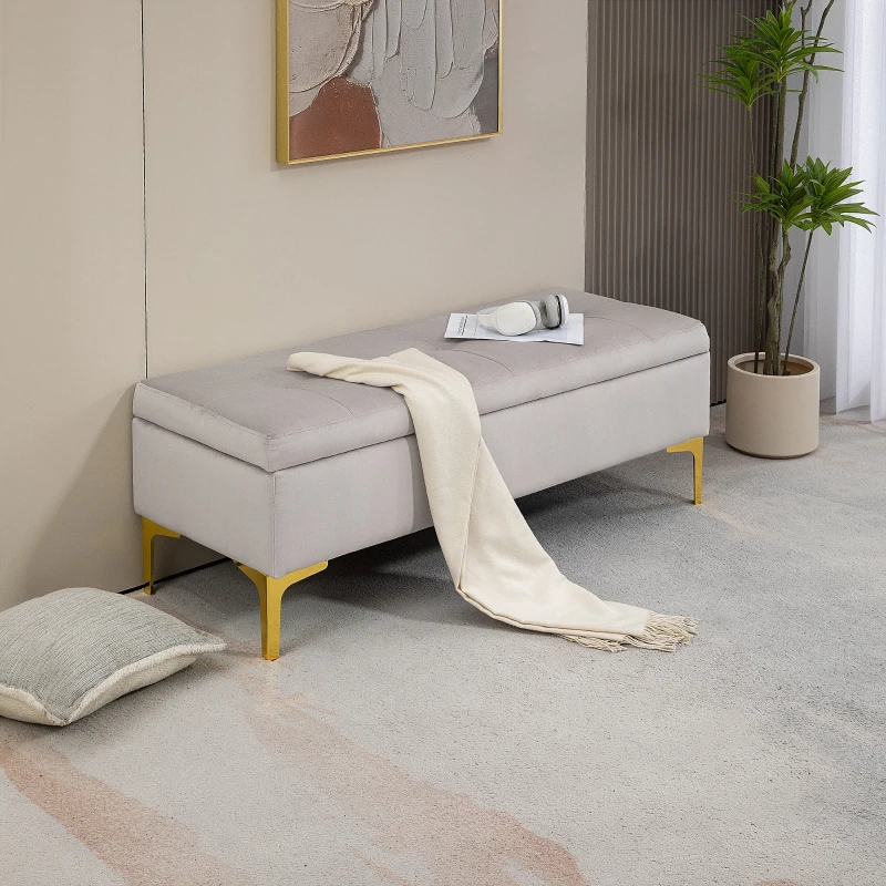 HOMCOM Storage bench tufted seat velvet look 2 in 1 metal legs 120 x 44 x 44.5 cm gray and gold
