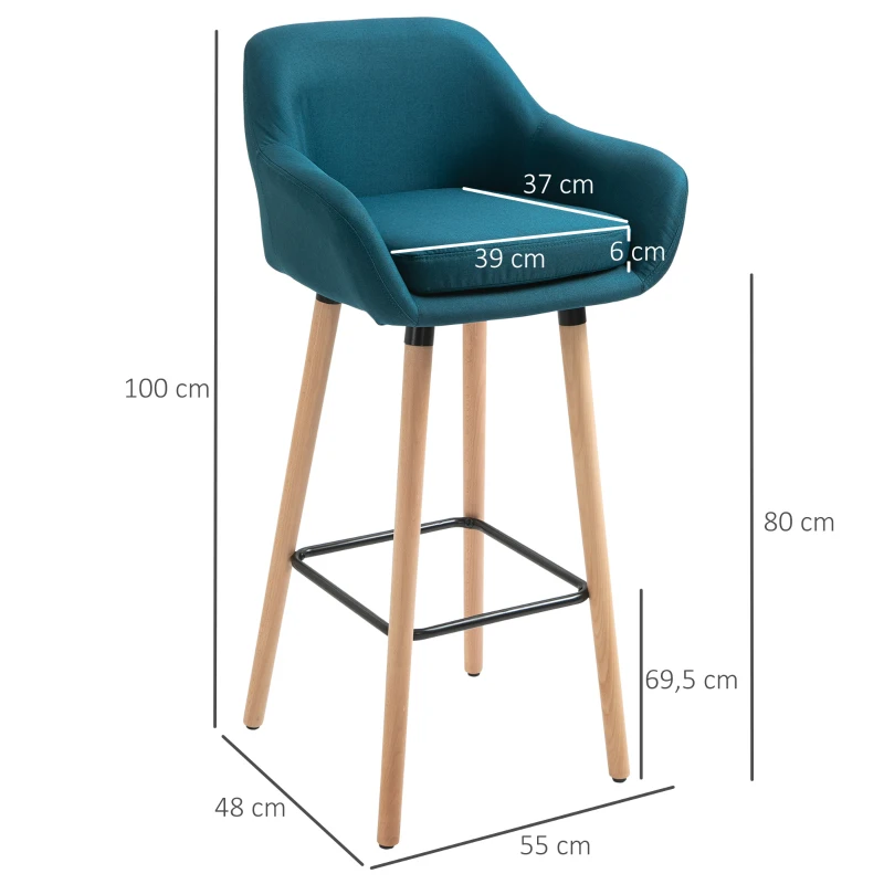 HOMCOM Scandinavian Design Bar Stools - Set of 2 Bar Stools with High Comfort, Footrests, and Armrests - Solid Wood Blue Linen(m-3)