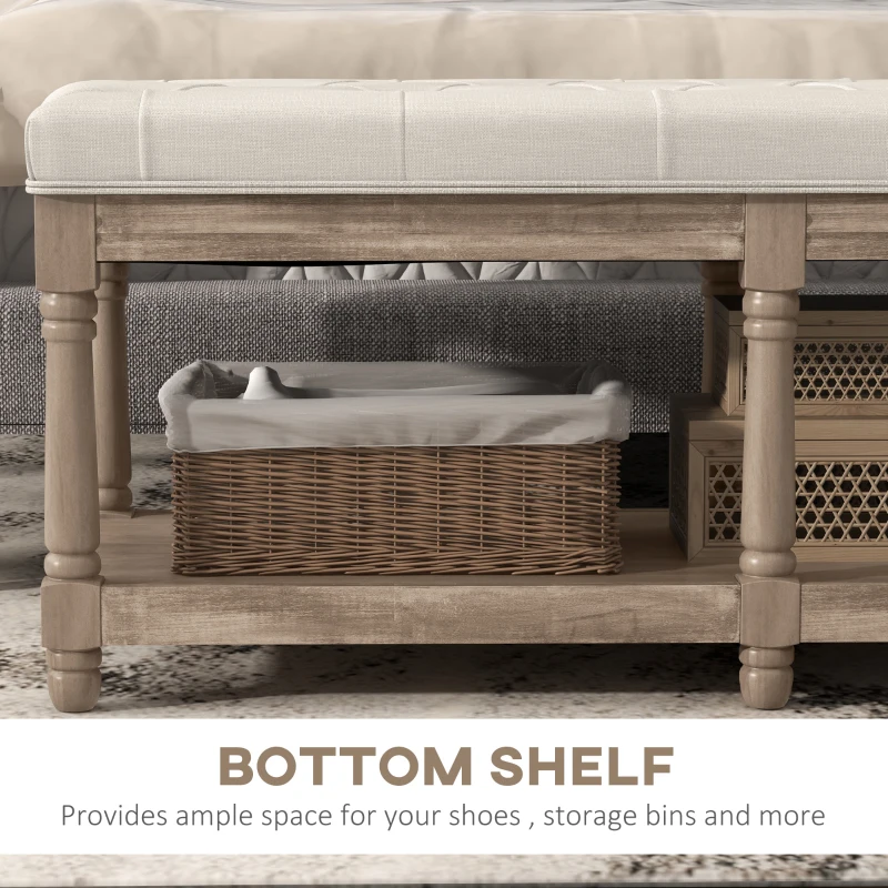 HOMCOM Tufted 2-Tier Shelf Shoe Bench 115 cm End of Bed Linen Upholstered Carved Wood Legs Linen Beige