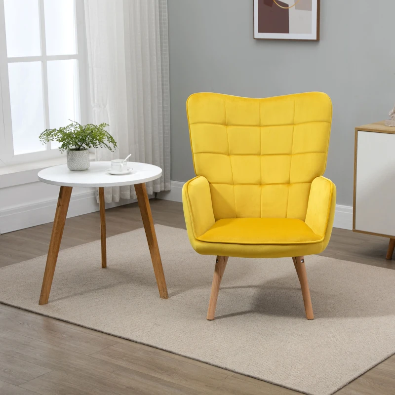 HOMCOM Woonkamerstoel, Enkele Fauteuil met Rugleuning, Fluweel-achtig Polyester, Schuim, Beukenhout, 71 x 76 x 101 cm, Geel