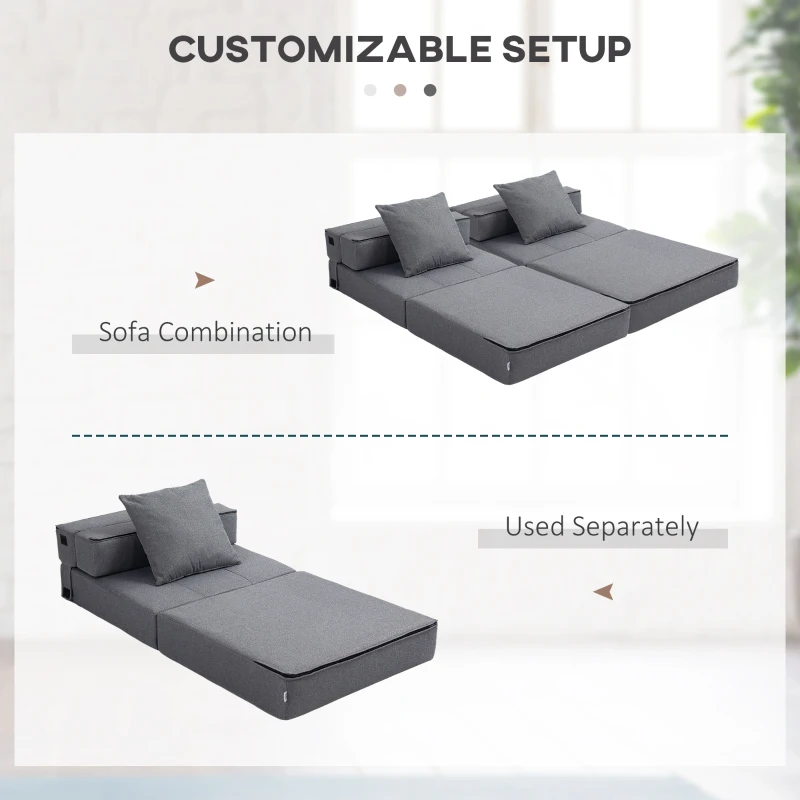 HOMCOM Convertible Chair Bed, Floor Sofa Bed Recliner, Fabric Upholstered Sleeper Lounge Futon with Pillow for Living Room, Dark Grey