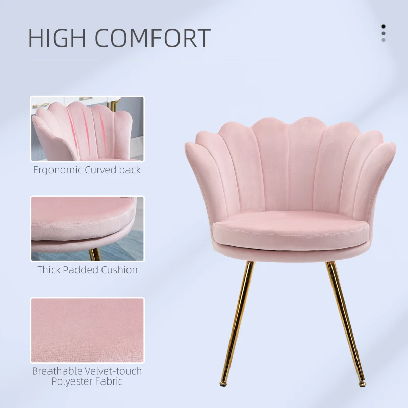 HOMCOM Shell Chair Vanity Chair Velvet Chair Living Room Chair with Golden Metal Legs for Living Room Bedroom and Dining Room 67L x 64W x 77H cm Powder Pink