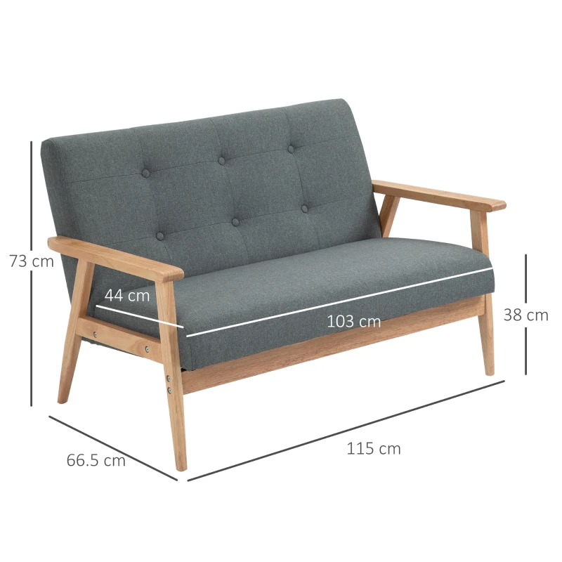 HOMCOM Scandinavian Style 2-Seater Sofa with Armrests, Wood Legs, 115W x 66.5D x 73H cm, Dark Gray