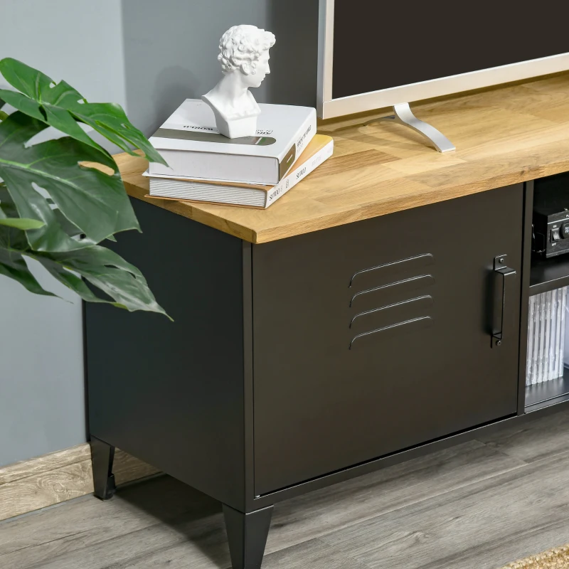 HOMCOM TV Stand TV Stand for 55'' TVs with 2 Cupboards Adjustable Feet Black Metal Frame Natural Wood Top 150 x 40 x 50 cm