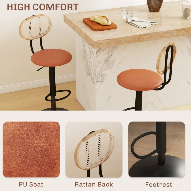 HOMCOM Set of 2 bar stools adjustable height bar chairs with rattan backrest and footrest, brown