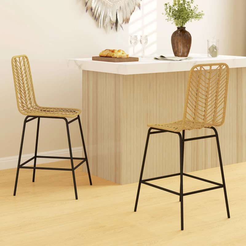 HOMCOM Set of 2 Bar Stools in Boho Design, PE Rattan, incl. Footrest, 42.5 cm x 52 cm x 102 cm, Yellow + Black