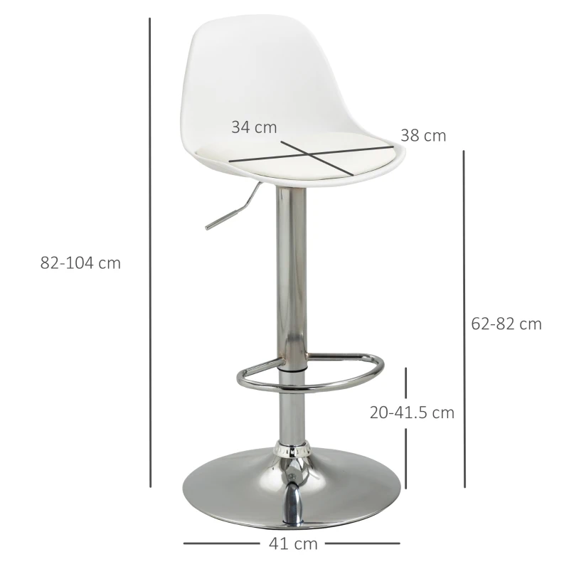 HOMCOM Set of 2 Height Adjustable Swivel Bar Stools, 40 x 42 x 82-104 cm, Faux Leather, White