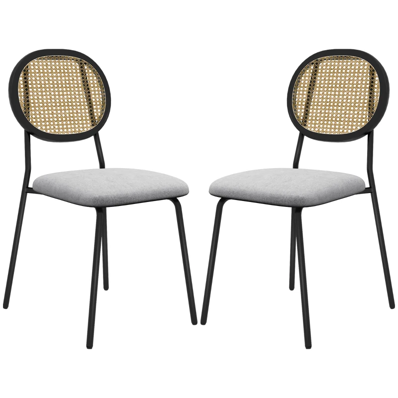 HOMCOM Set of 2 dining chairs kitchen chairs rattan back breathable fabric steel frame 44 x 54 x 87 cm gray