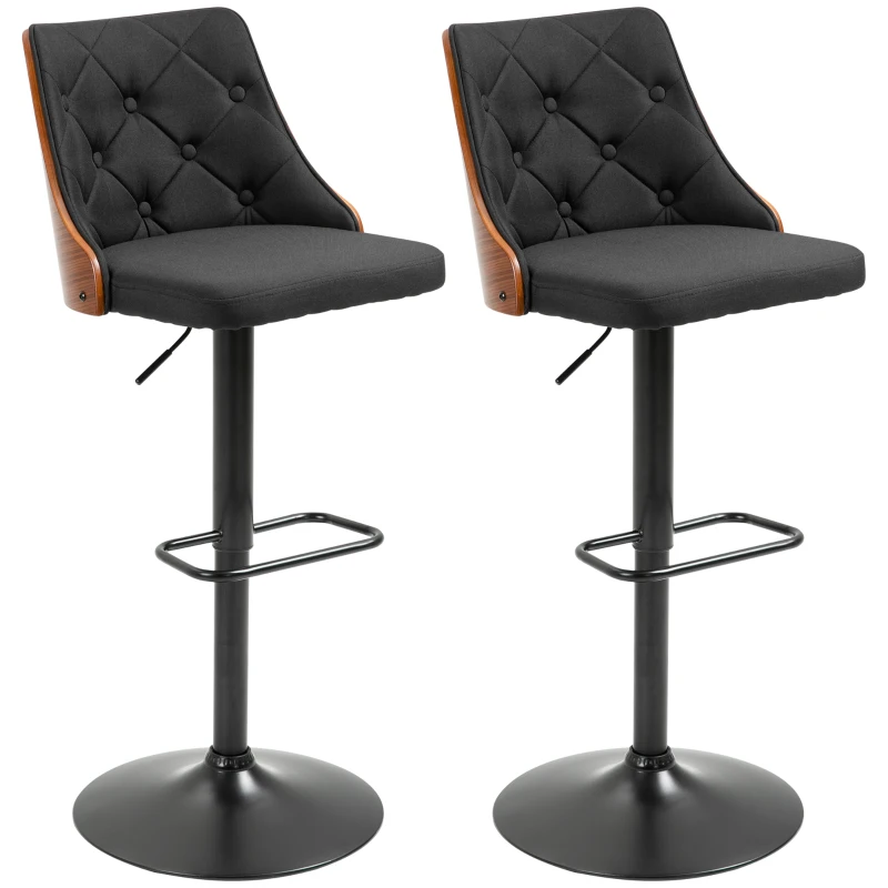 HOMCOM Set of 2 Adjustable Height Swivel Bar Stools with 360° Rotation and Footrest, Tufted Fabric
