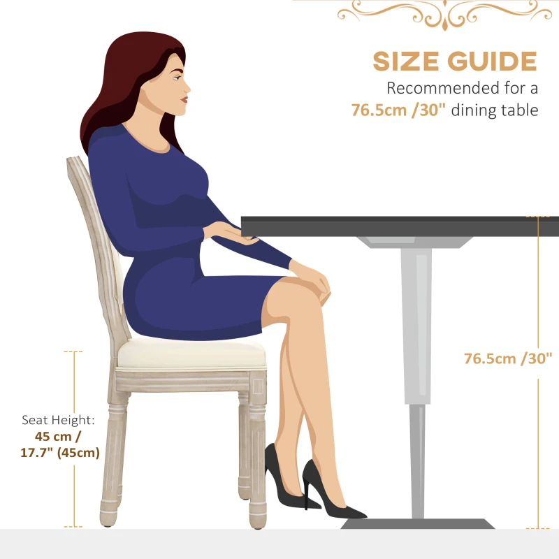 HOMCOM Set of 2 Louis XVI style solid rubber wood patinated dining chairs synthetic covering cream