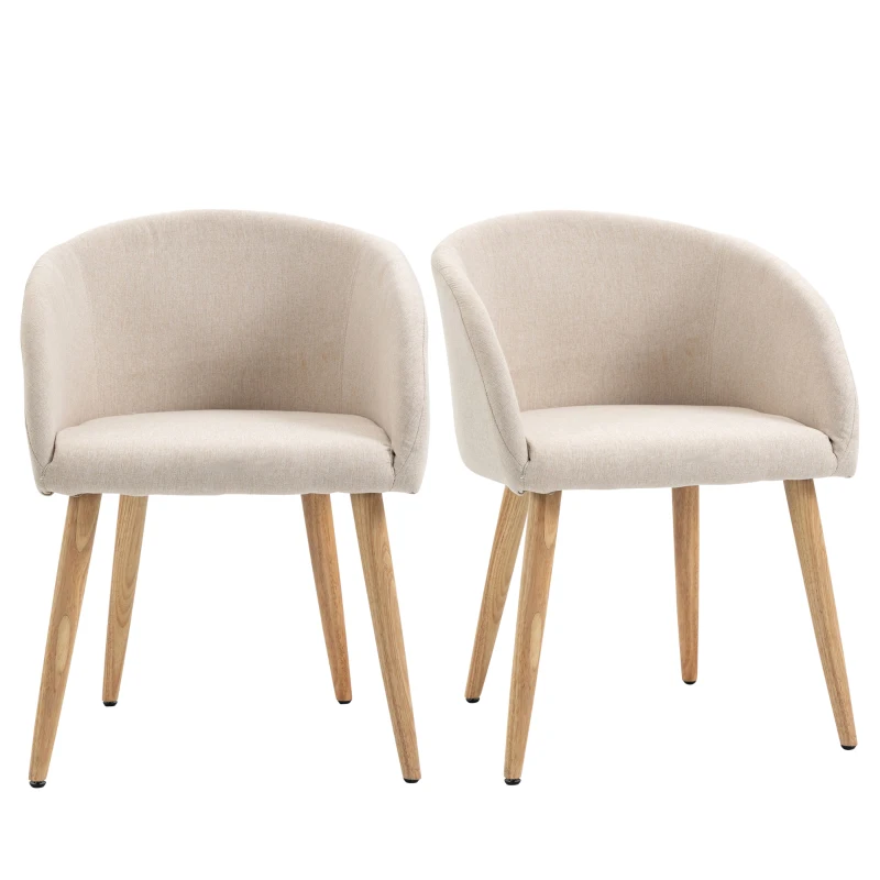 HOMCOM Set of 2 Scandinavian Design Dining Chairs Kitchen Chair - Tapered Slanted Rubber Wood Legs - Ergonomic Seat Backrest Armrests Linen-Look Beige