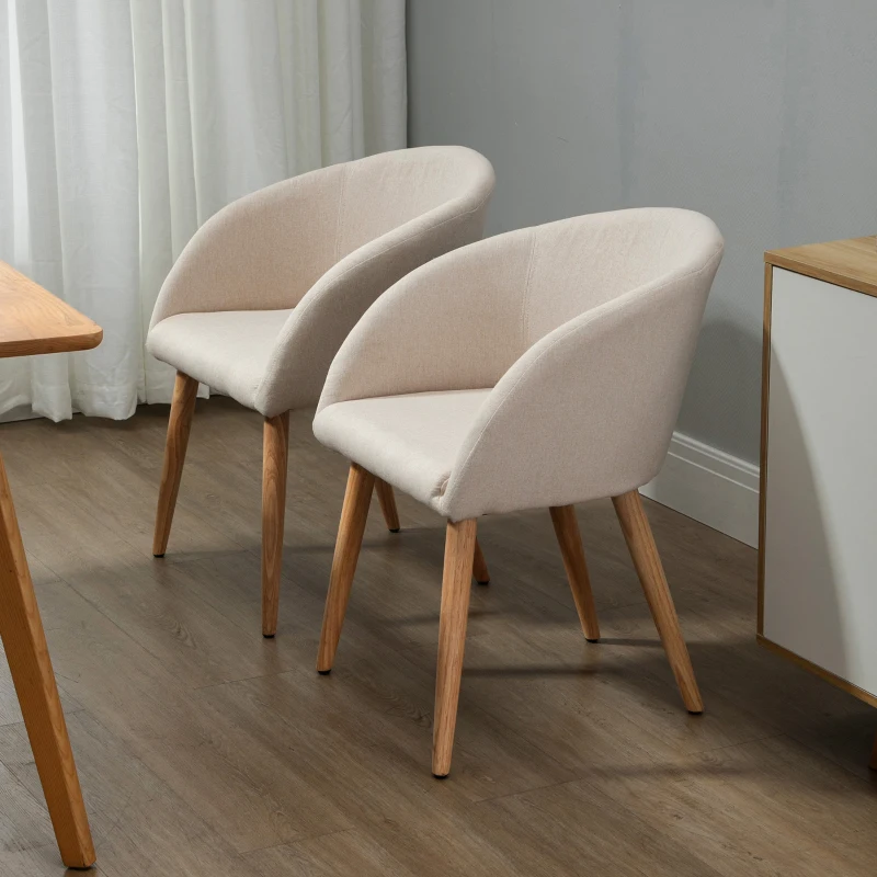 HOMCOM Set of 2 Scandinavian Design Dining Chairs Kitchen Chair - Tapered Slanted Rubber Wood Legs - Ergonomic Seat Backrest Armrests Linen-Look Beige