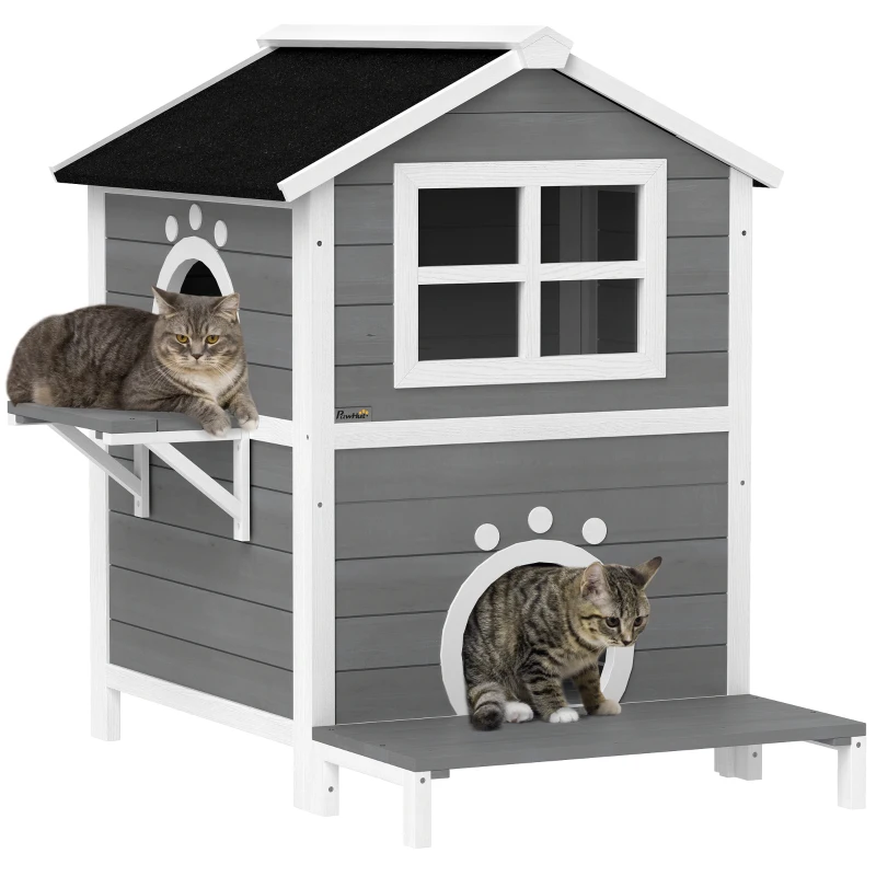 PawHut Buitenkattenhuis met Weerbestendig Dak, Venster, Balkon, Uitneembare Bodem, 2 Niveaus, voor 1-2 Katten, Grijs